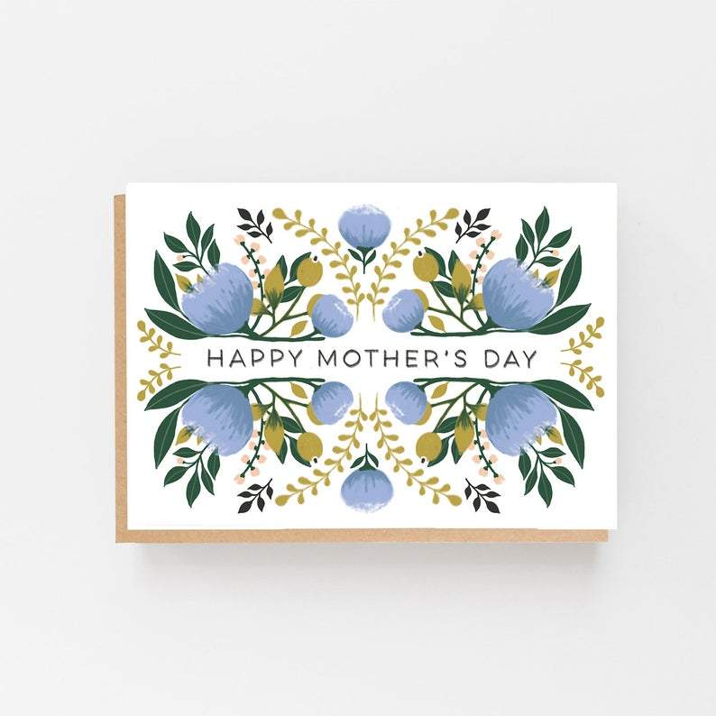 Stylish Floral Blue & Gold Mother's Day Card
